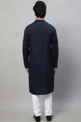 Buy Men's Blue Cotton Linen Solid Long Kurta Top Online - Front