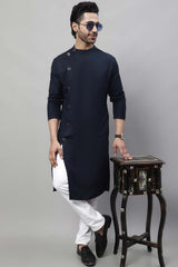 Buy Men's Blue Cotton Linen Solid Long Kurta Top Online - Side