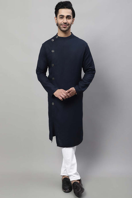 Buy Men's Blue Cotton Linen Solid Long Kurta Top Online