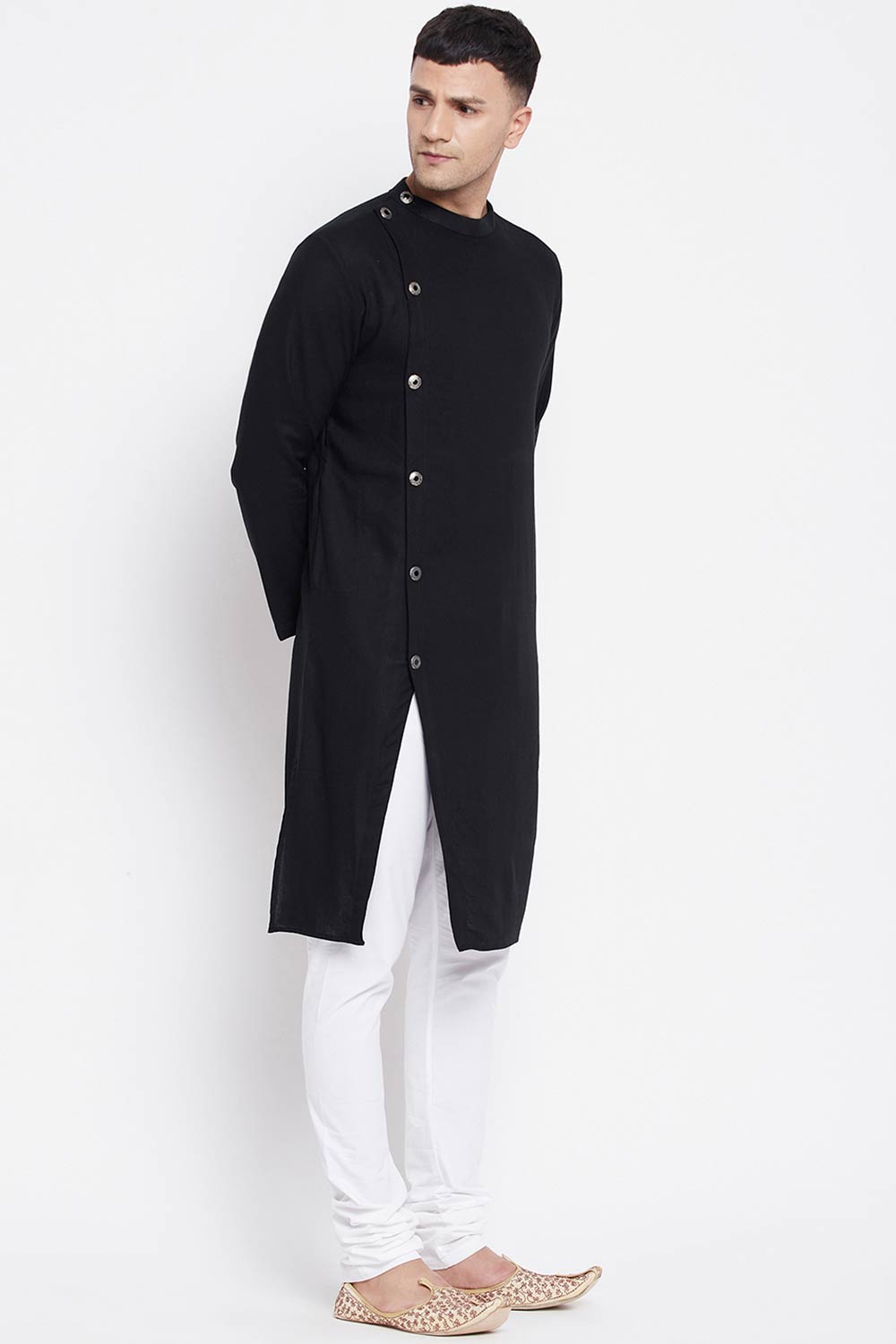 Buy Men's Pure Cotton Solid Sherwani Kurta in Black - Side