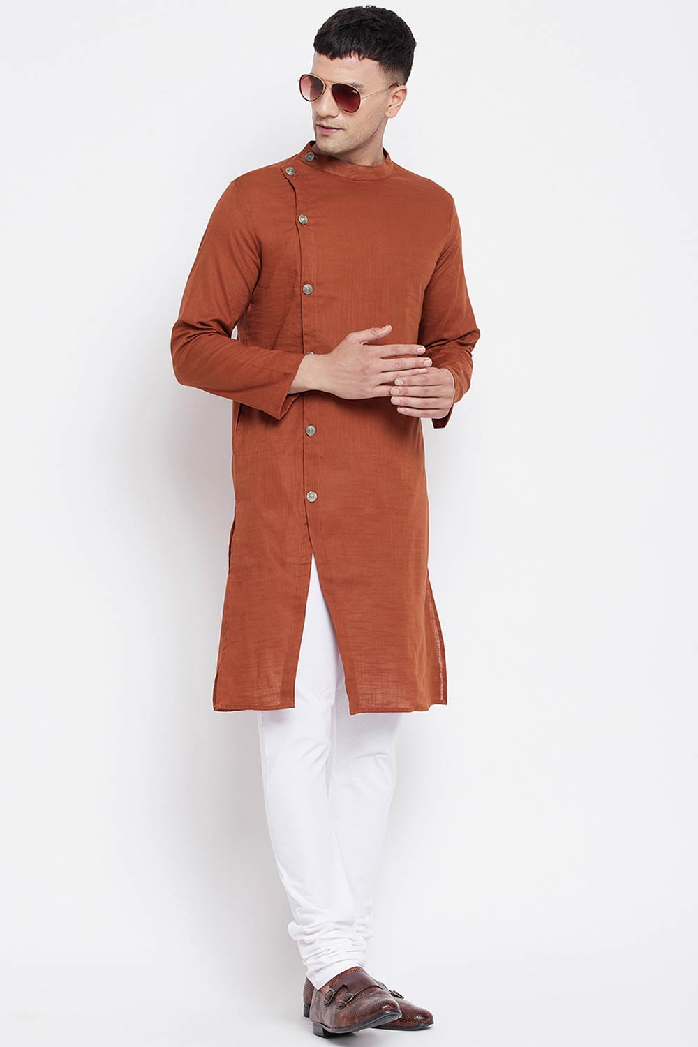 Buy Men's Pure Cotton Solid Sherwani Kurta in Brown - Front