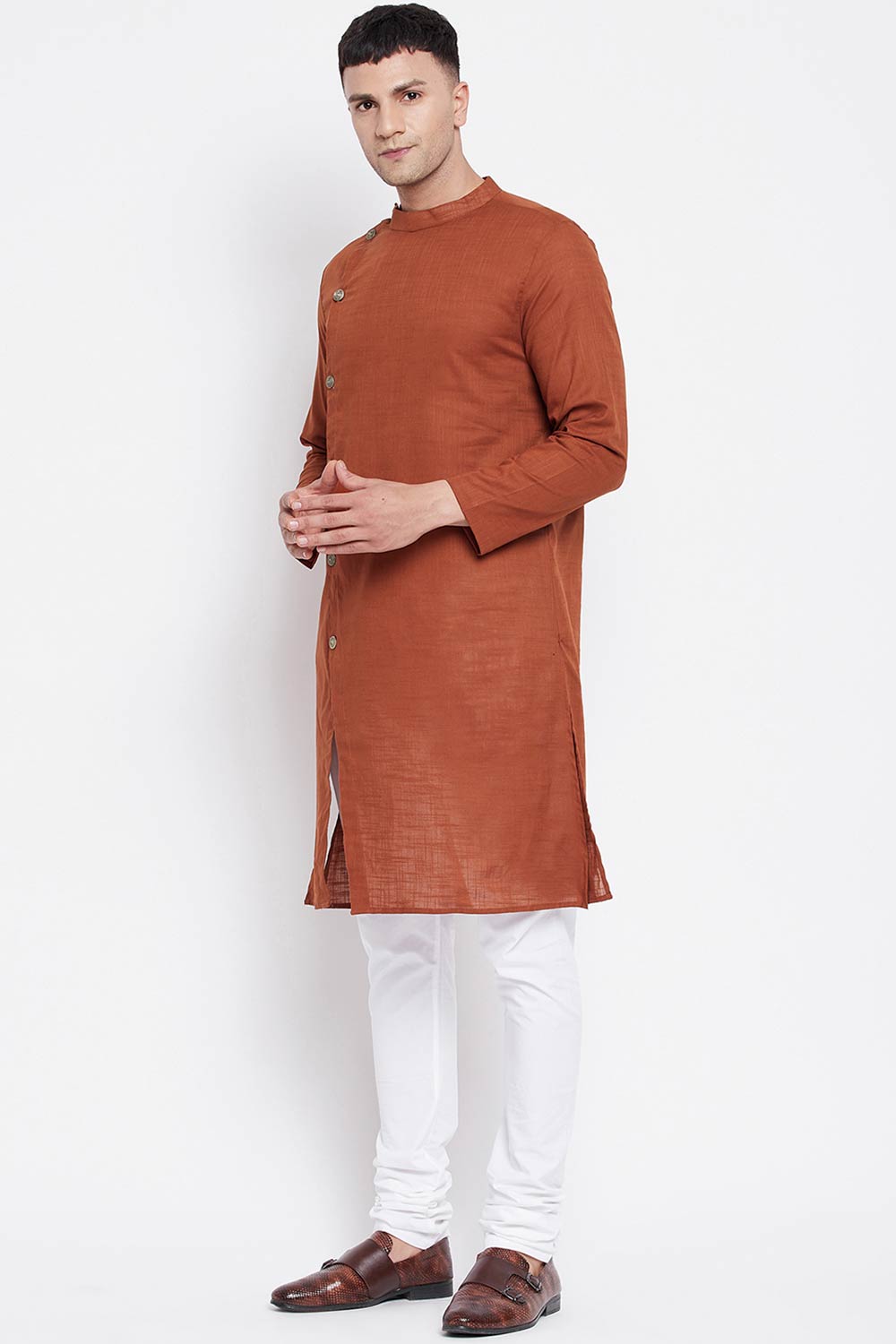 Buy Men's Pure Cotton Solid Sherwani Kurta in Brown - Back