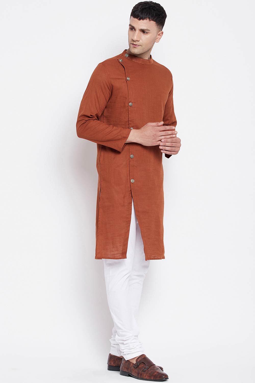 Buy Men's Pure Cotton Solid Sherwani Kurta in Brown - Side