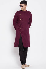 Buy Men's Pure Cotton Solid Sherwani Kurta in Maroon - Front