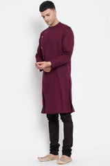 Buy Men's Pure Cotton Solid Sherwani Kurta in Maroon - Back