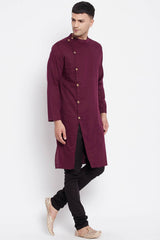 Buy Men's Pure Cotton Solid Sherwani Kurta in Maroon - Side