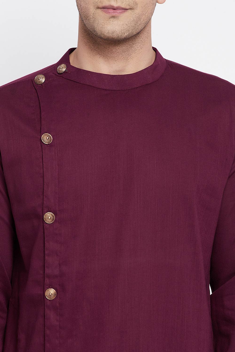 Buy Men's Pure Cotton Solid Sherwani Kurta in Maroon - Zoom in