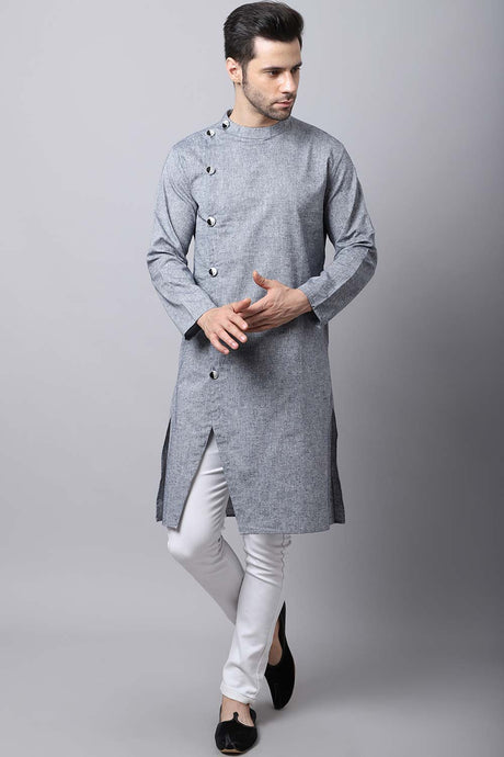 Men's Light Grey Solid Full Sleeve Long Kurta Top