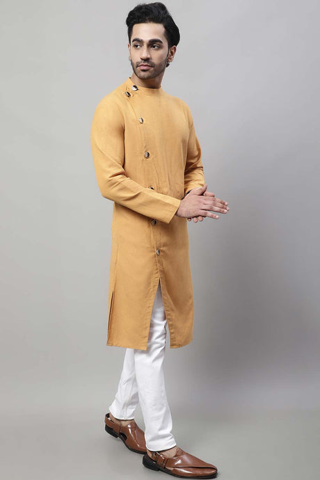 Buy Men's Mustard Cotton Solid Long Kurta Top Online - Back