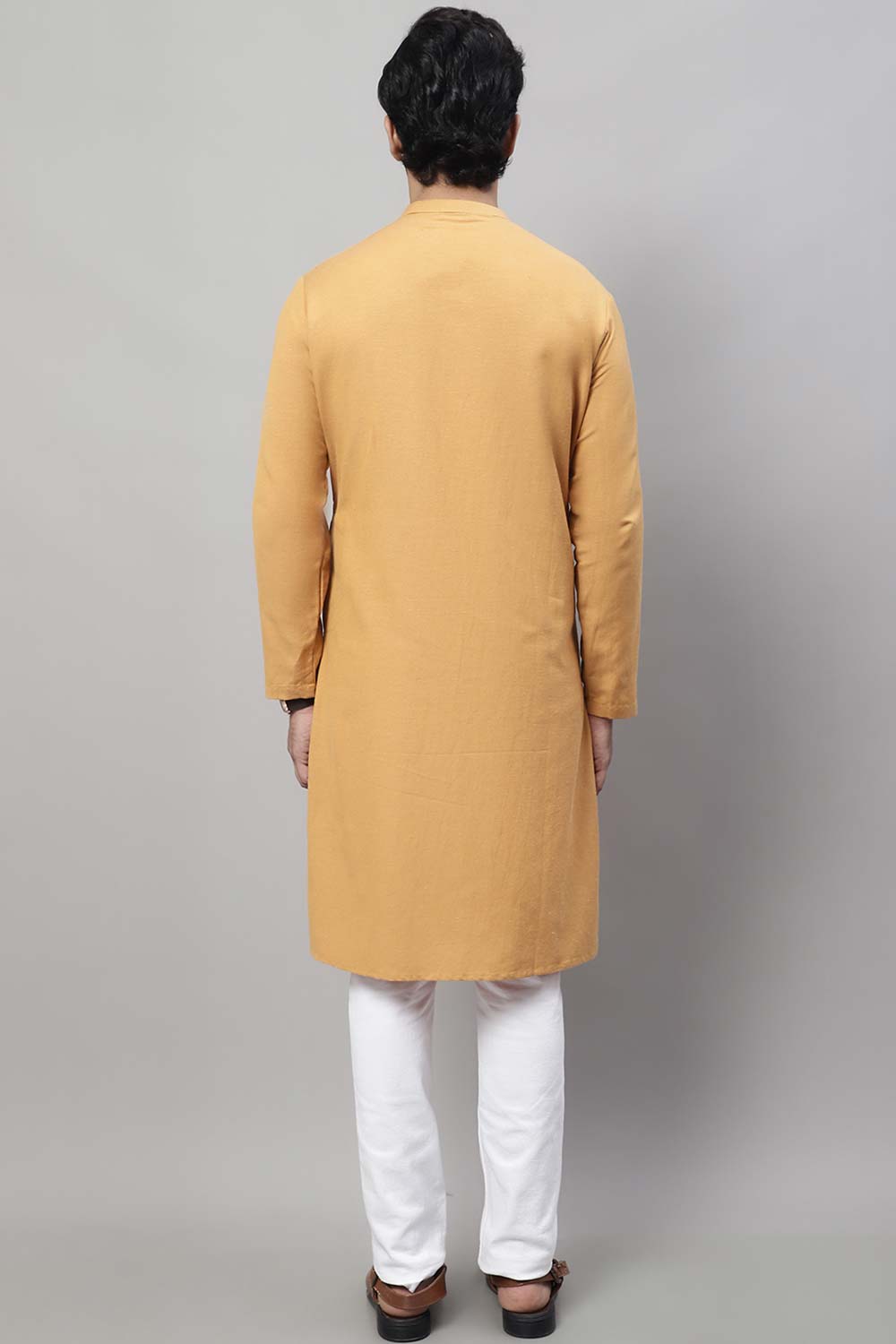 Buy Men's Mustard Cotton Solid Long Kurta Top Online - Front