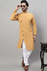 Buy Men's Mustard Cotton Solid Long Kurta Top Online - Side