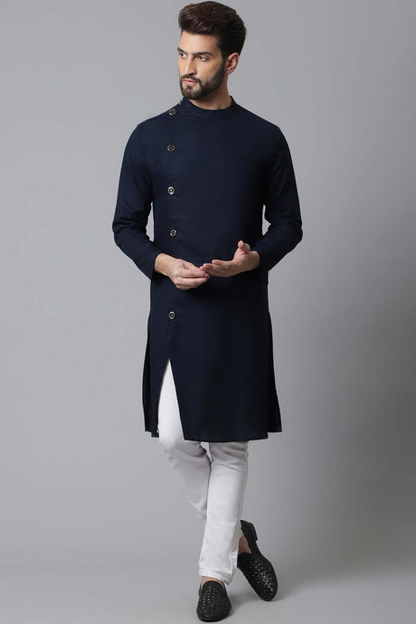 Buy Men's Blue Cotton Solid Long Kurta Online - KARMAPLACE