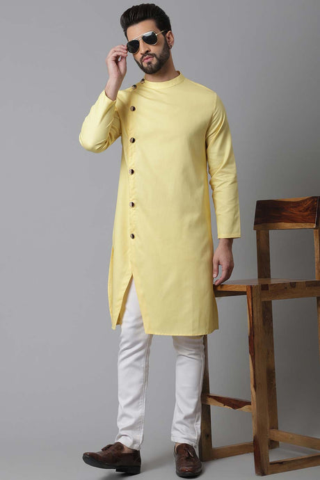 Buy Men's Yellow Cotton Solid Long Kurta Online - KARMAPLACE