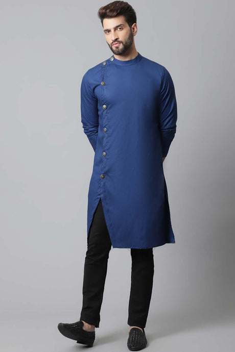 Buy Men's Blue Cotton Solid Long Kurta Online - KARMAPLACE