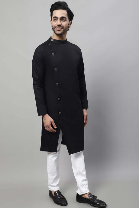 Buy Men's Black Cotton Solid Long Kurta Top Online - Back