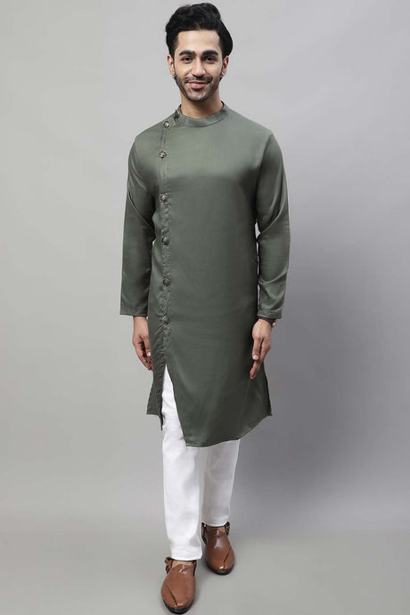 Buy Men's Green Cotton Solid Long Kurta Top Online