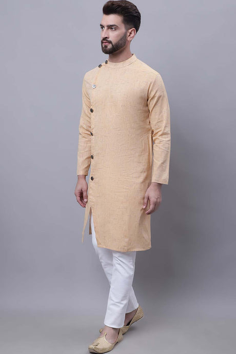 Buy Men's Beige Cotton Self Design Long Kurta Top Online - Back