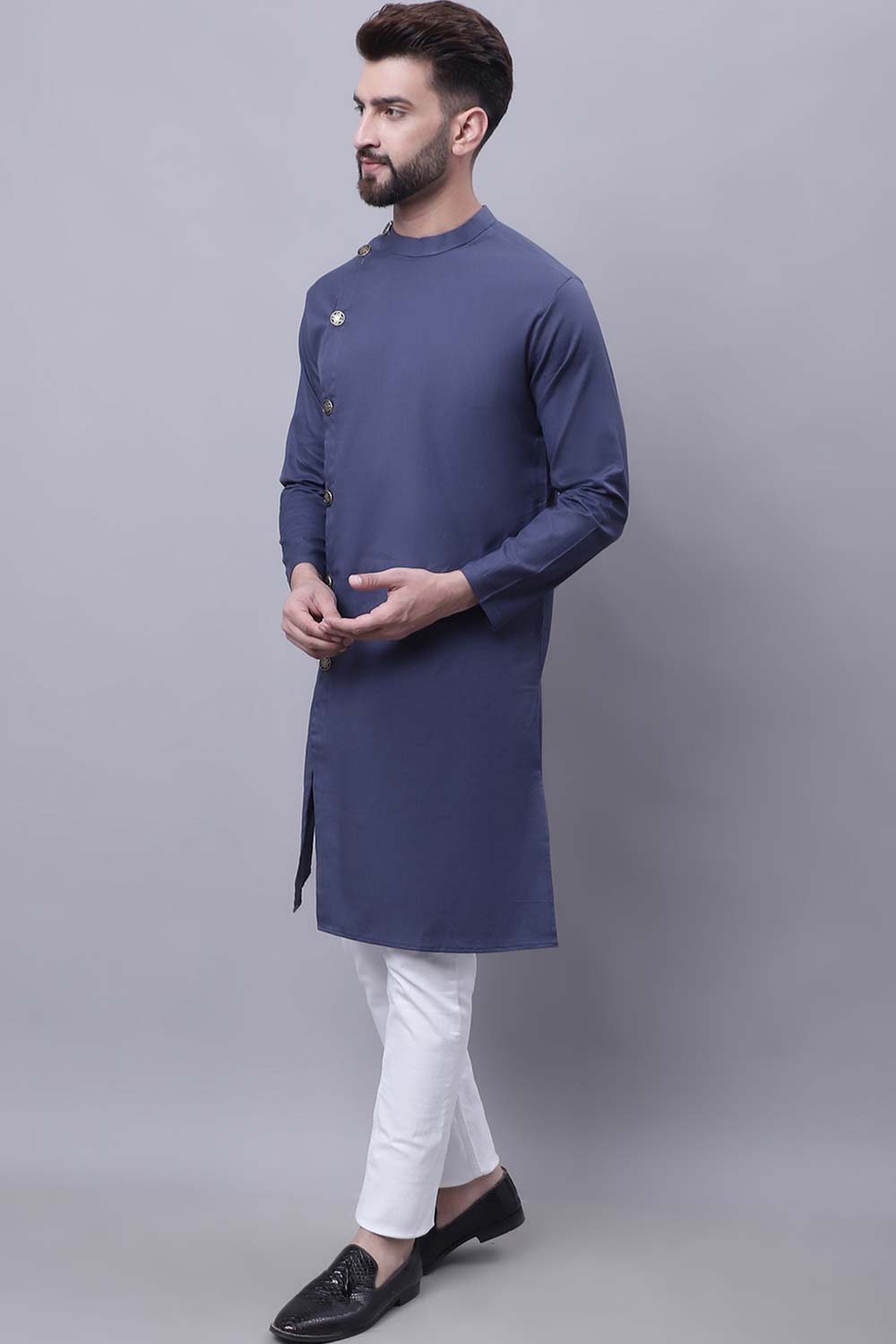 Buy Men's Grey Cotton Solid Long Kurta Top Online - Back