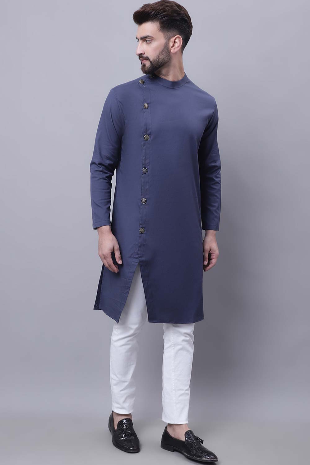 Buy Men's Grey Cotton Solid Long Kurta Top Online - Front