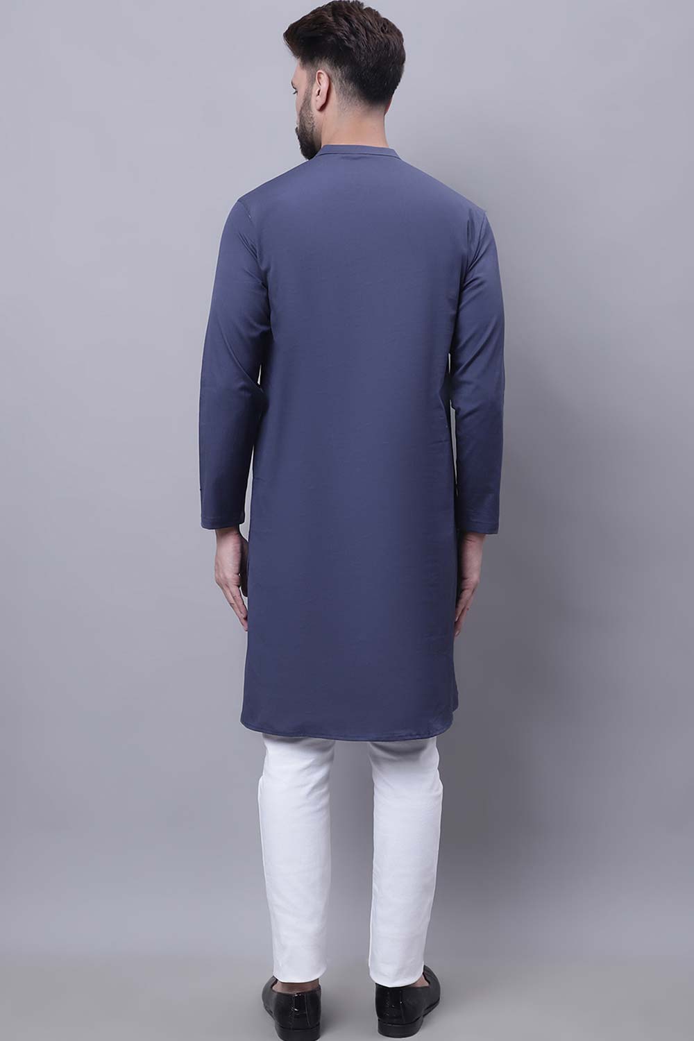 Buy Men's Grey Cotton Solid Long Kurta Top Online - Side