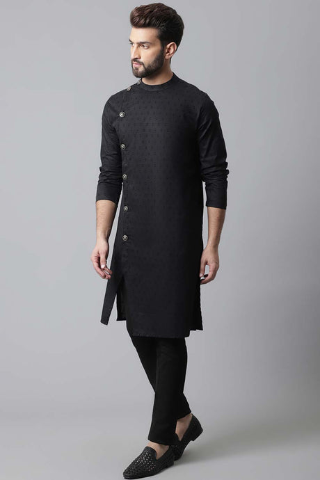 Buy Men's Black Cotton Self Design Long Kurta Top Online - Back