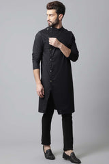 Buy Men's Black Cotton Self Design Long Kurta Top Online - Front