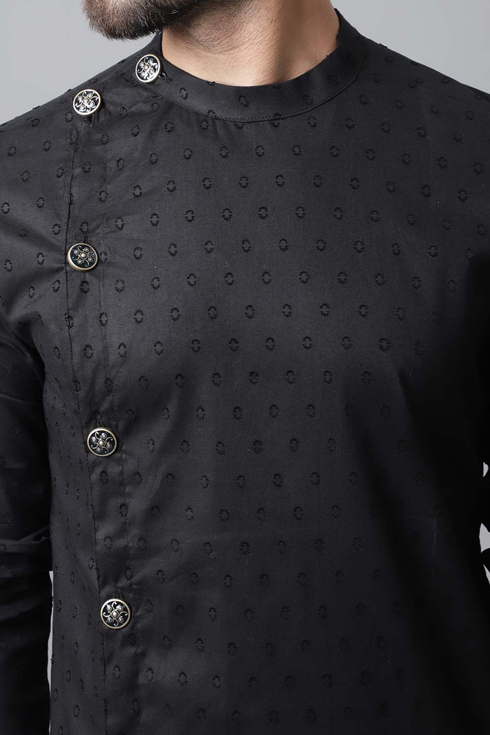 Buy Men's Black Cotton Self Design Long Kurta Top Online - Zoom In