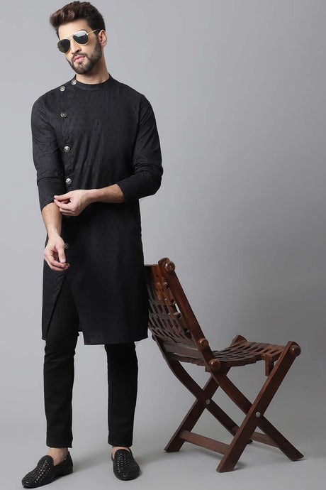 Buy Men's Black Cotton Self-design Long Kurta Online - KARMAPLACE