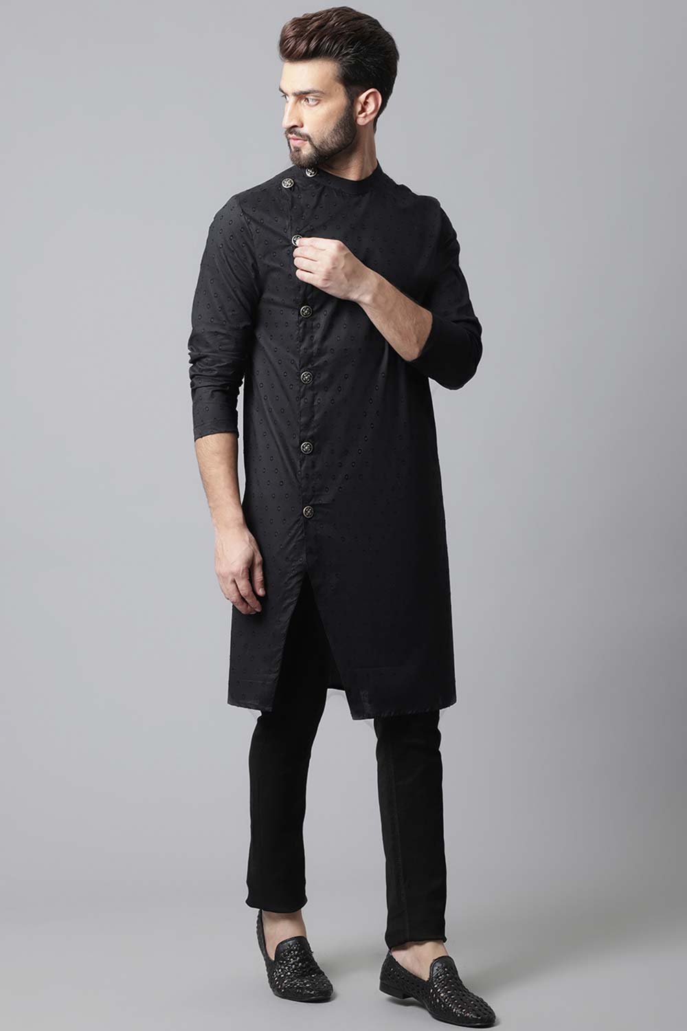 Buy Men's Black Cotton Self-design Long Kurta Online - KARMAPLACE