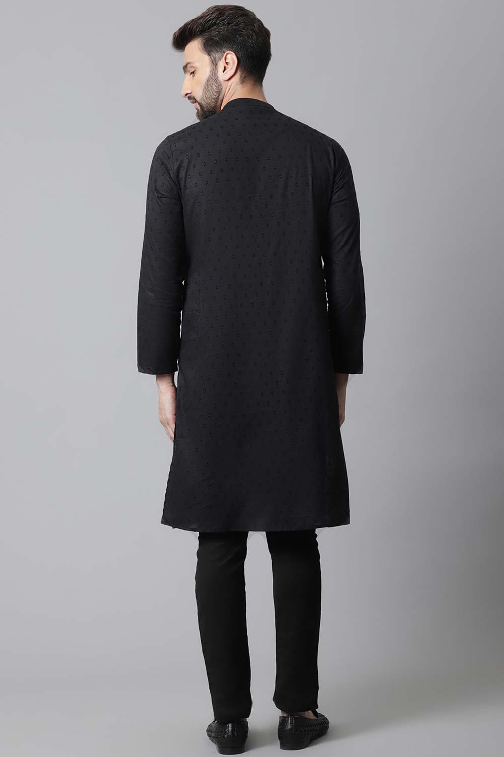 Buy Men's Black Cotton Self-design Long Kurta Online - KARMAPLACE