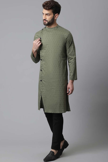 Buy Men's Green Cotton Self Design Long Kurta Top Online - Back