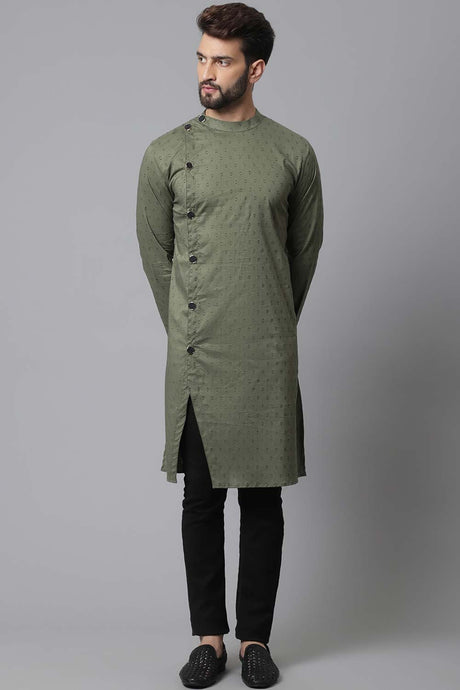 Buy Men's Green Cotton Self Design Long Kurta Top Online