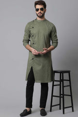 Buy Men's Green Cotton Self-design Long Kurta Online - KARMAPLACE