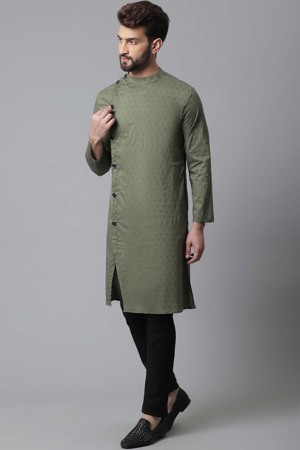 Buy Men's Green Cotton Self-design Long Kurta Online - KARMAPLACE