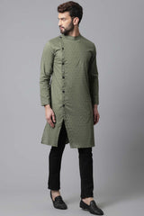 Buy Men's Green Cotton Self-design Long Kurta Online - KARMAPLACE