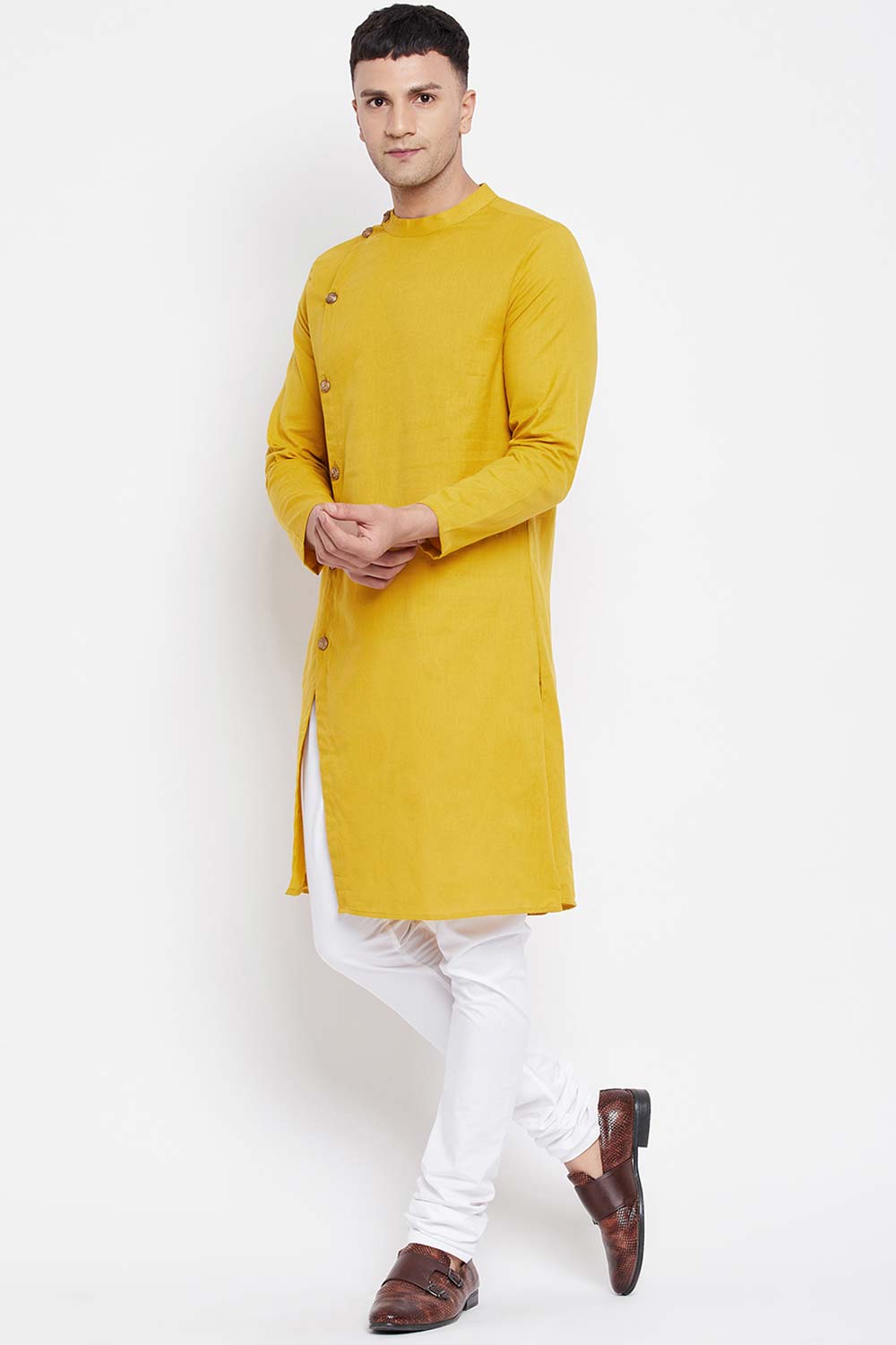 Buy Men's Yellow Cotton Solid Long Kurta Top Online - Back
