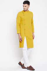 Buy Men's Yellow Cotton Solid Long Kurta Top Online - Front