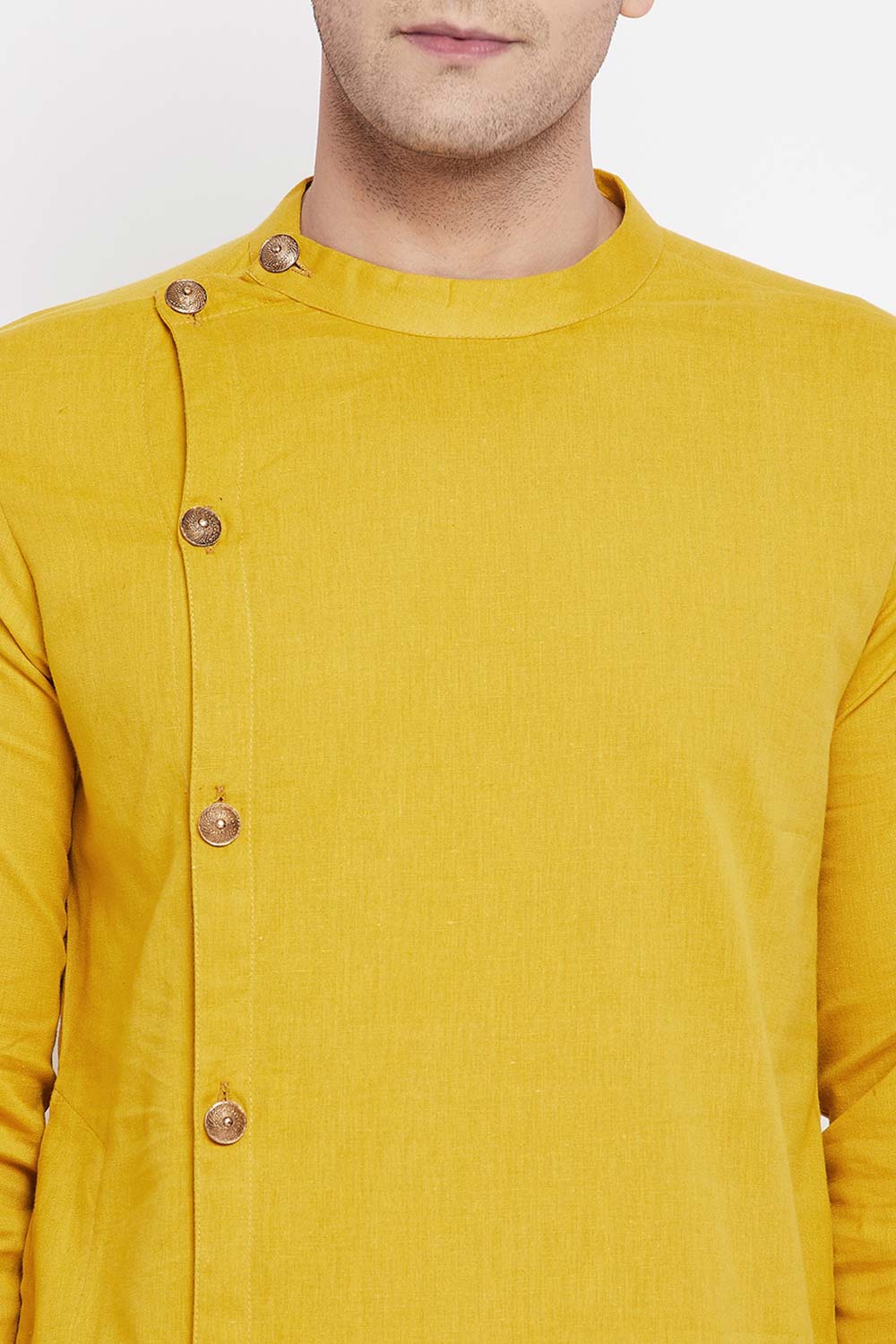 Buy Men's Yellow Cotton Solid Long Kurta Top Online - Zoom In