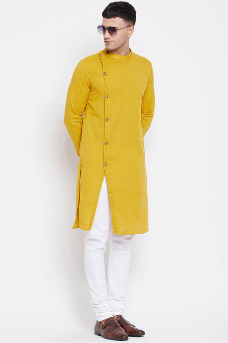 Buy Men's Pure Cotton Solid Sherwani Kurta in Yellow - Front