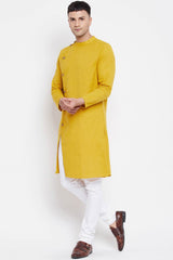 Buy Men's Pure Cotton Solid Sherwani Kurta in Yellow - Back