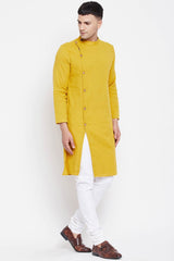 Buy Men's Pure Cotton Solid Sherwani Kurta in Yellow - Side