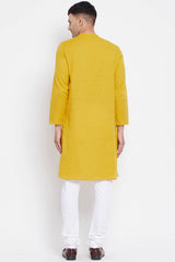 Buy Men's Pure Cotton Solid Sherwani Kurta in Yellow - Zoom in