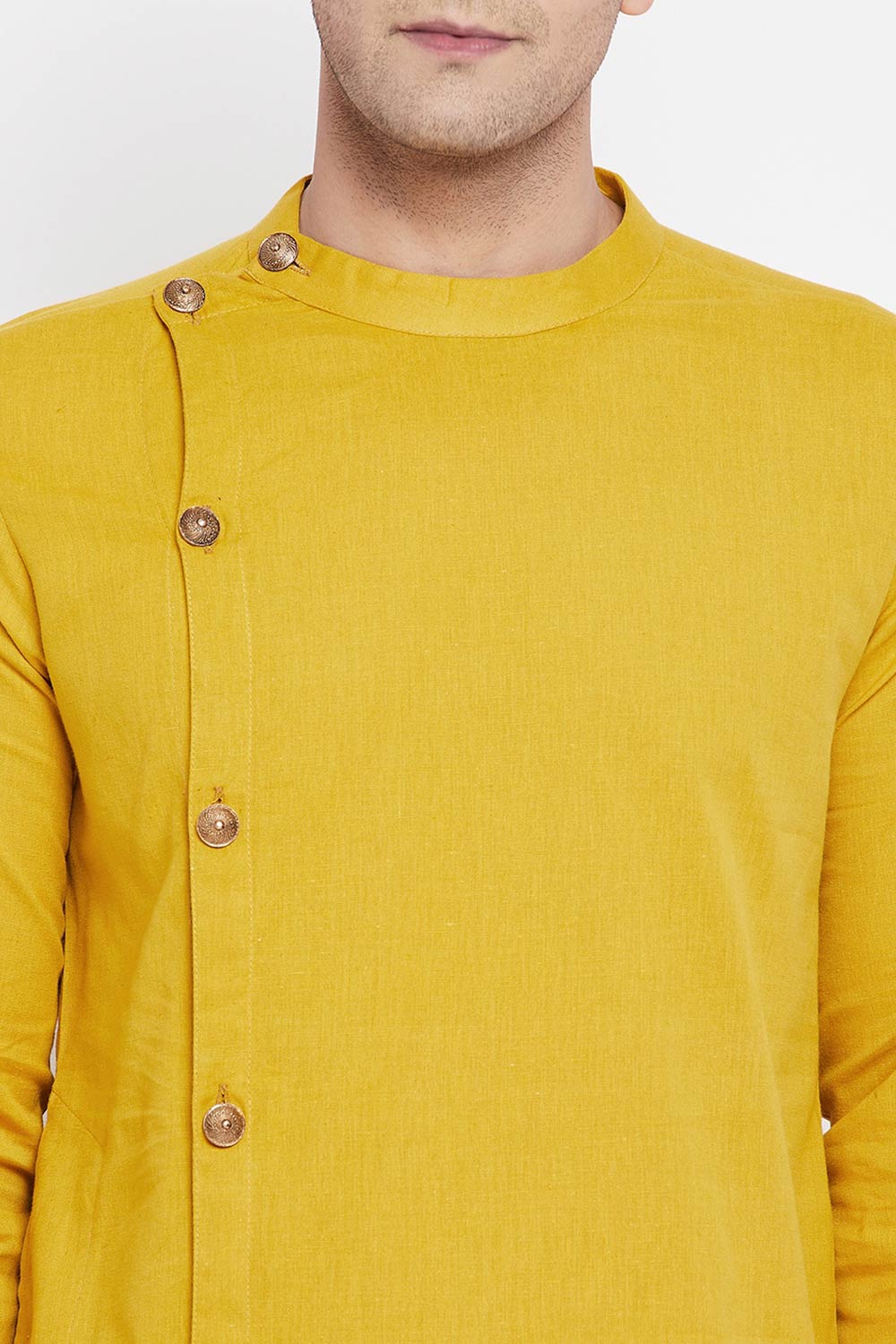 Buy Men's Pure Cotton Solid Sherwani Kurta in Yellow - Zoom Out