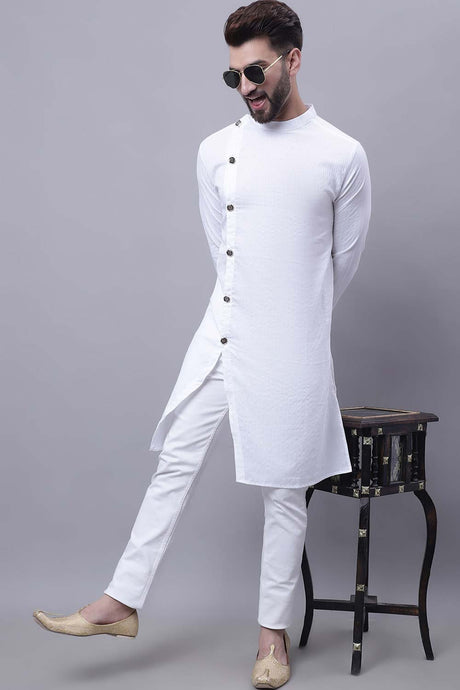 Buy Men's White Cotton Solid Long Kurta Top Online