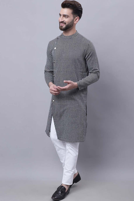 Buy Men's Black Cotton Striped Long Kurta Top Online - Back