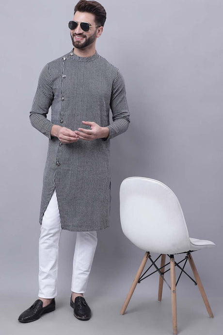 Buy Men's Black Cotton Striped Long Kurta Top Online