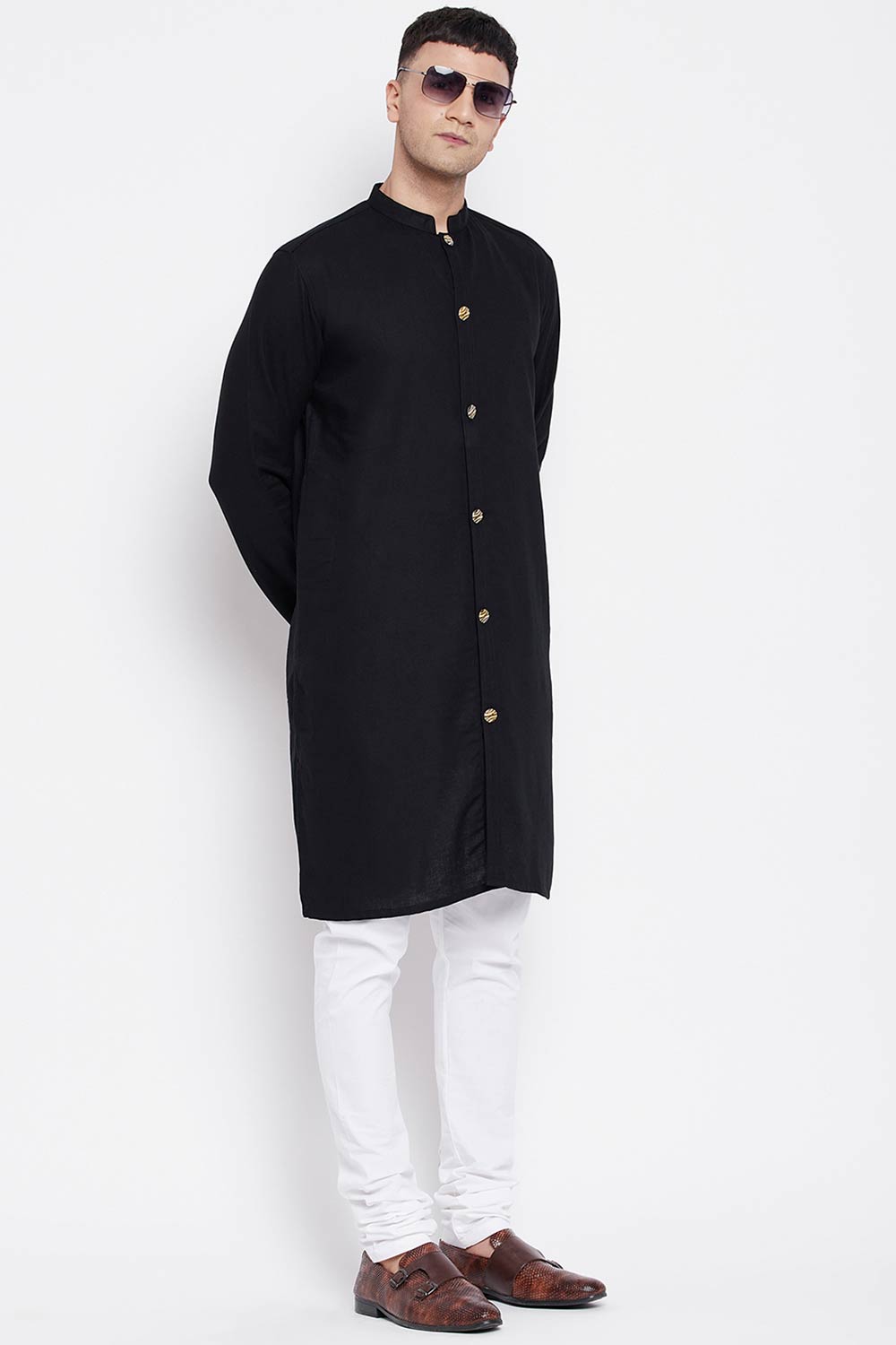 Buy Men's Linen Solid Sherwani Kurta in Black - Front