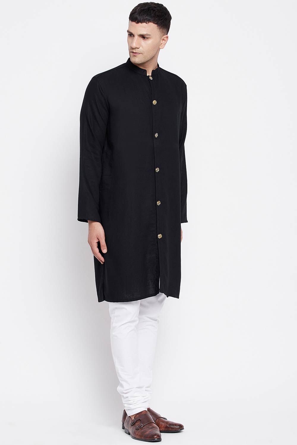 Buy Men's Linen Solid Sherwani Kurta in Black - Side