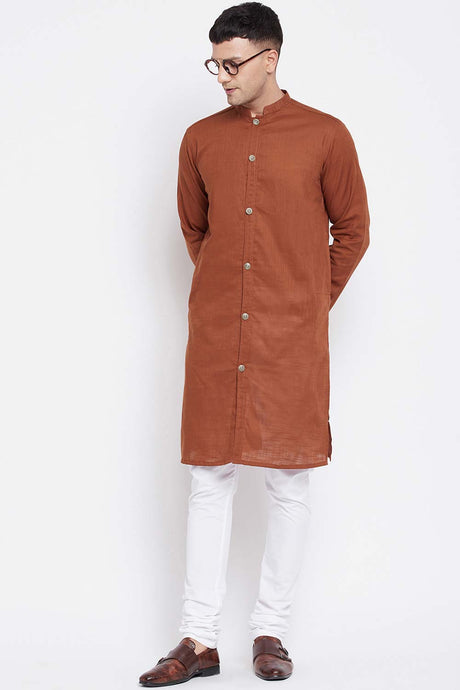 Buy Men's Pure Cotton Solid Sherwani Kurta in Brown - Front