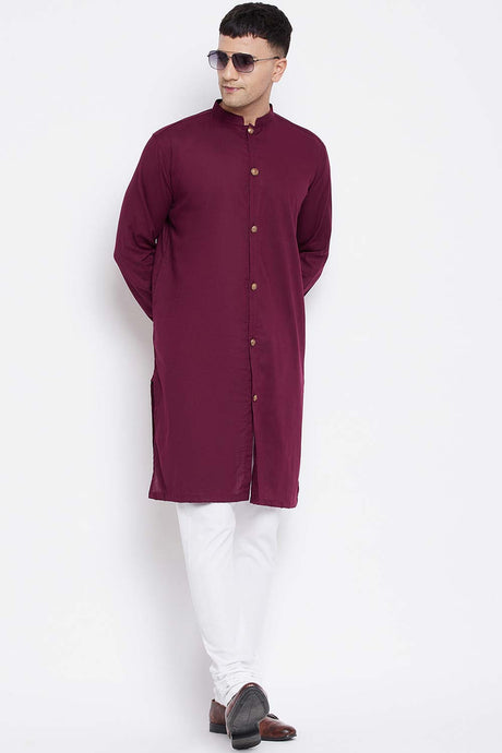 Buy Men's Pure Cotton Solid Sherwani Kurta in Maroon - Front